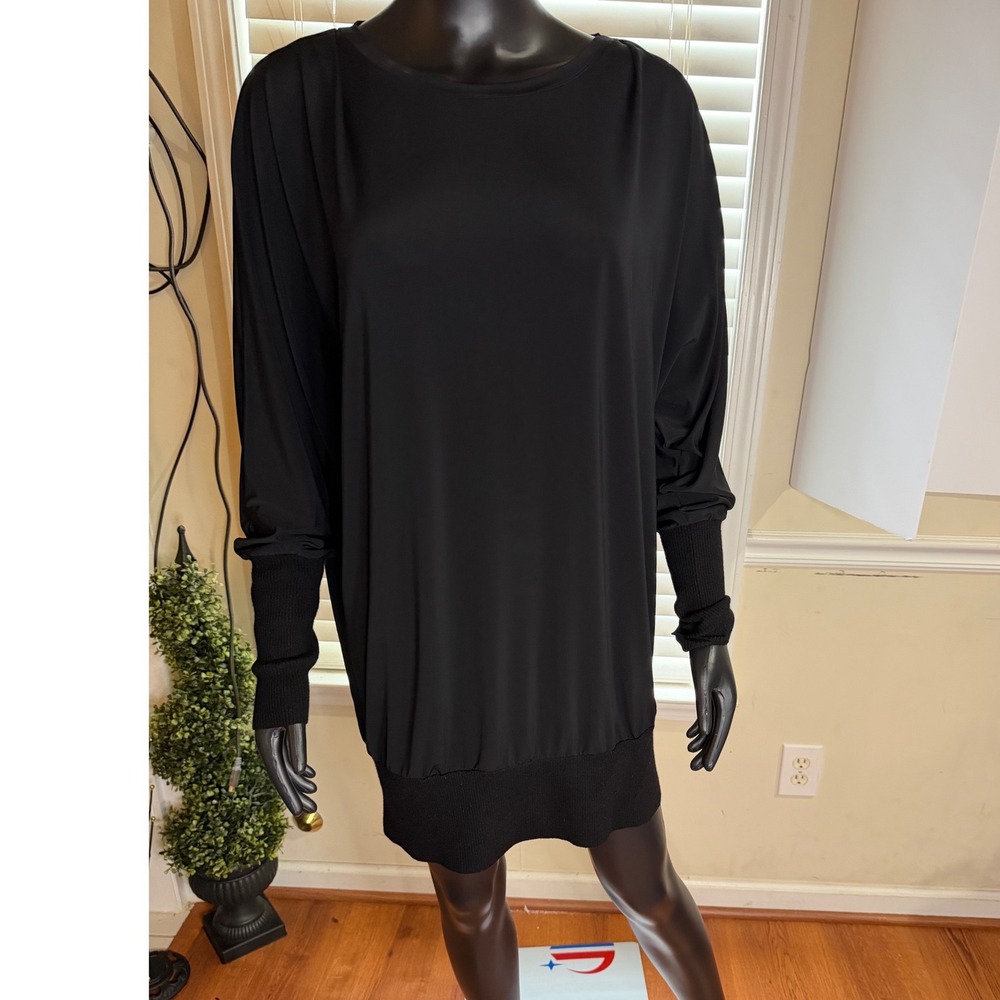 Lafayette 148 New York Black Dolman Sleeve Ribbed Knit Trim Tunic Dress Large